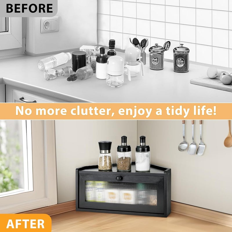 Sunhoo Bread Box for Kitchen Countertop Wooden Corner Breadbox Counter Food Storage Bin Container Farmhouse Rustic Homemade Bread Fresh Keeper Organizer Holder Vintage Stackable with Window (Black) - Image 5